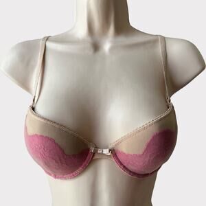 D&G Push Up Smooth Lace Bra, Size 32B, Tan and Pink